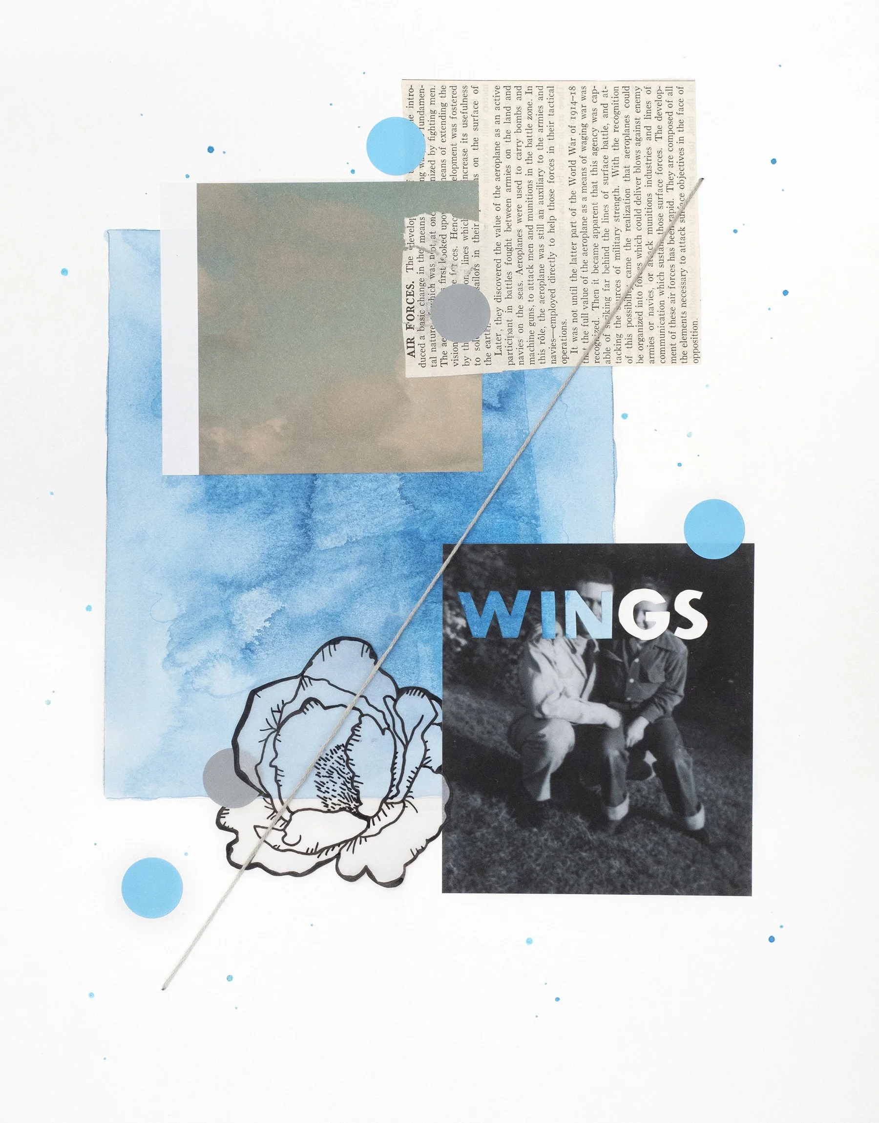 Wings/Win, 2020 Acrylic, archival pigment print, embroidery thread, 1947 Encyclopedia Brittanica, ink, magazine, marker, sticker and vellum on watercolor paper 14 x 11 inches