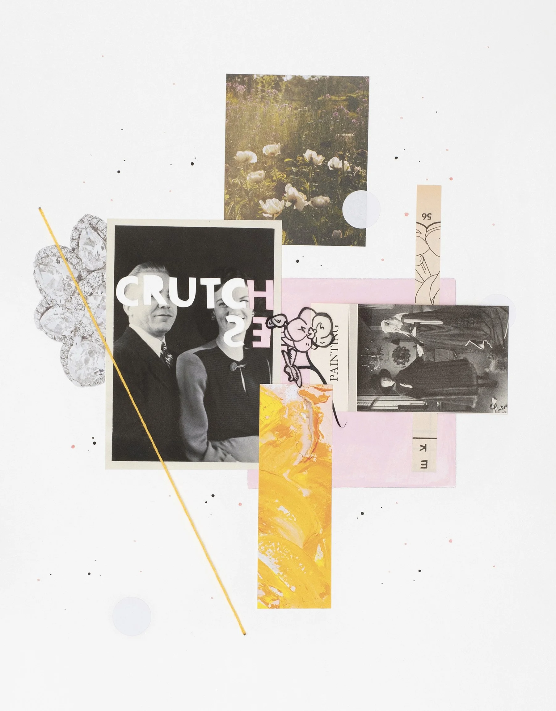 Crutches/He, 2020 Acrylic, archival pigment print, catalog, embroidery thread, 1947 Encyclopedia Brittanica, ink, magazine, marker, sticker and vellum on watercolor paper 14 x 11 inches