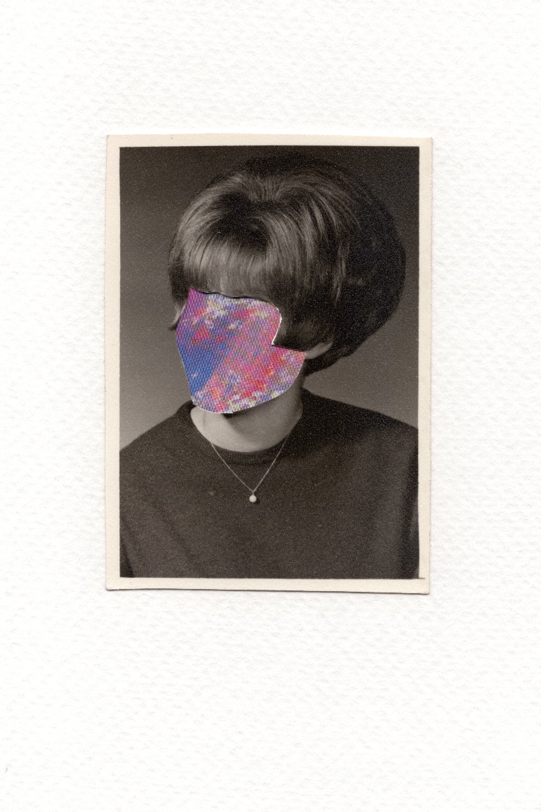 Revision 09, 2026, Auction catalog and vintage photograph on watercolor paper, 6 x 4 inches