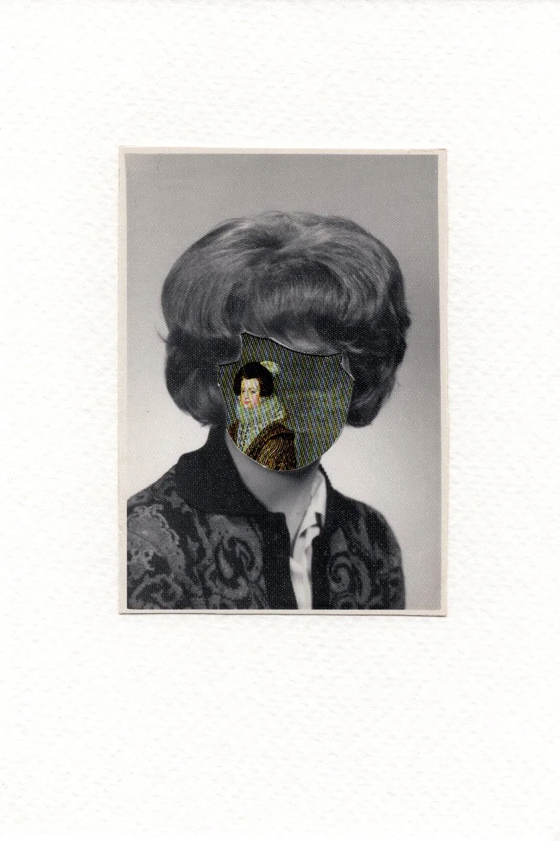 Revision 26, 2026, Auction catalog and vintage photograph on watercolor paper, 6 x 4 inches