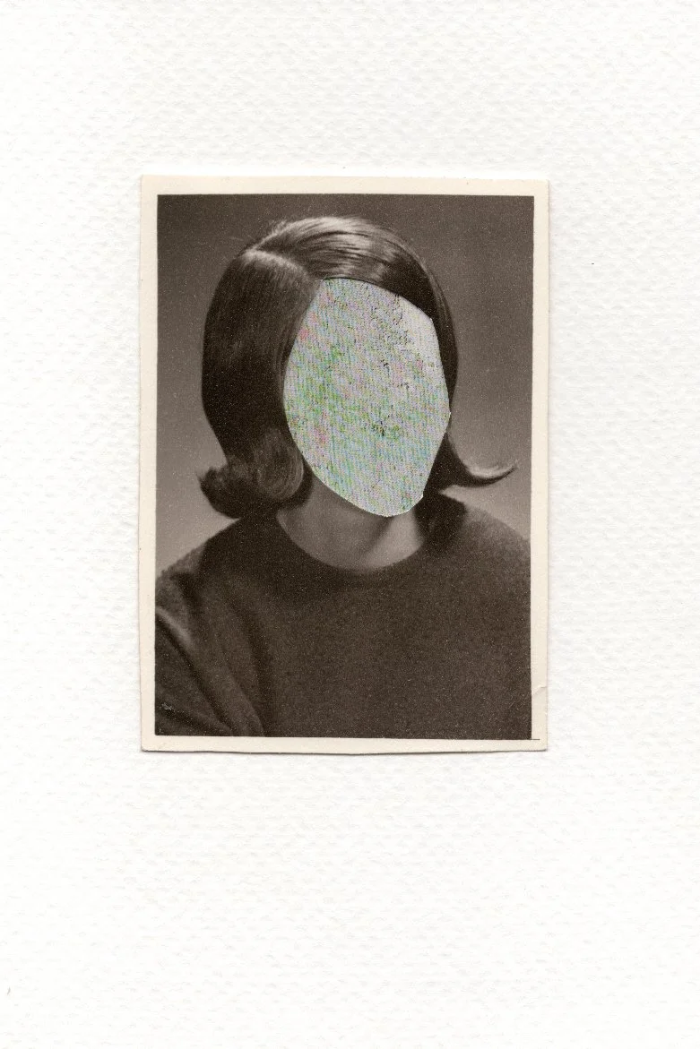 Revision 17, 2026, Auction catalog and vintage photograph on watercolor paper, 6 x 4 inches