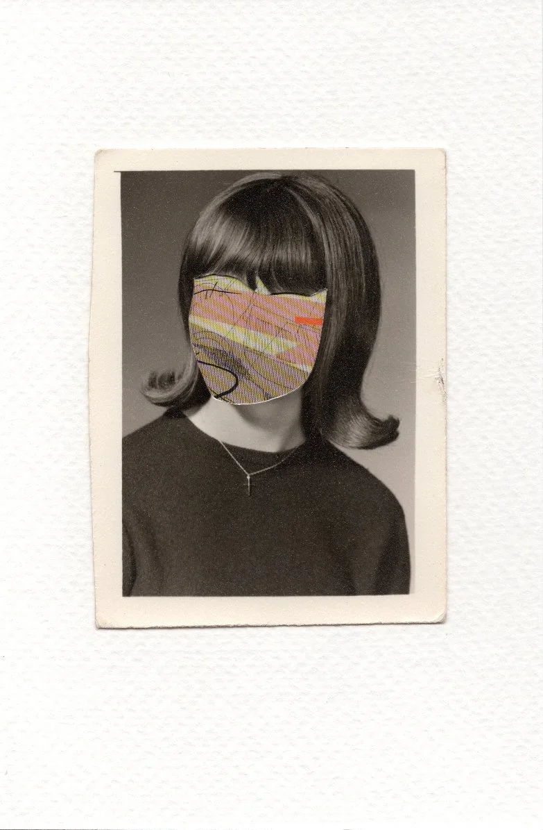 Revision 01, 2026, Auction catalog and vintage photograph on watercolor paper, 6 x 4 inches