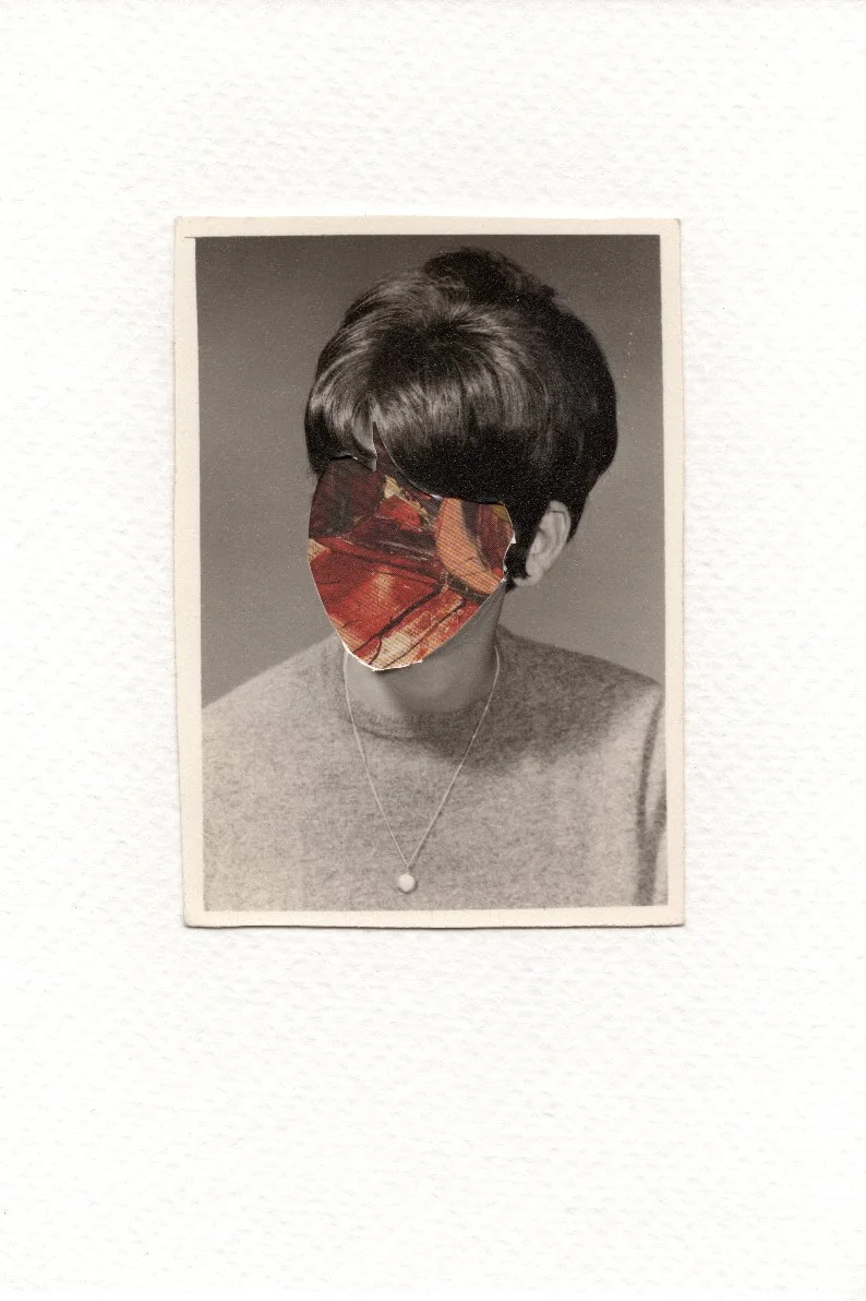 Revision 27, 2026, Auction catalog and vintage photograph on watercolor paper, 6 x 4 inches