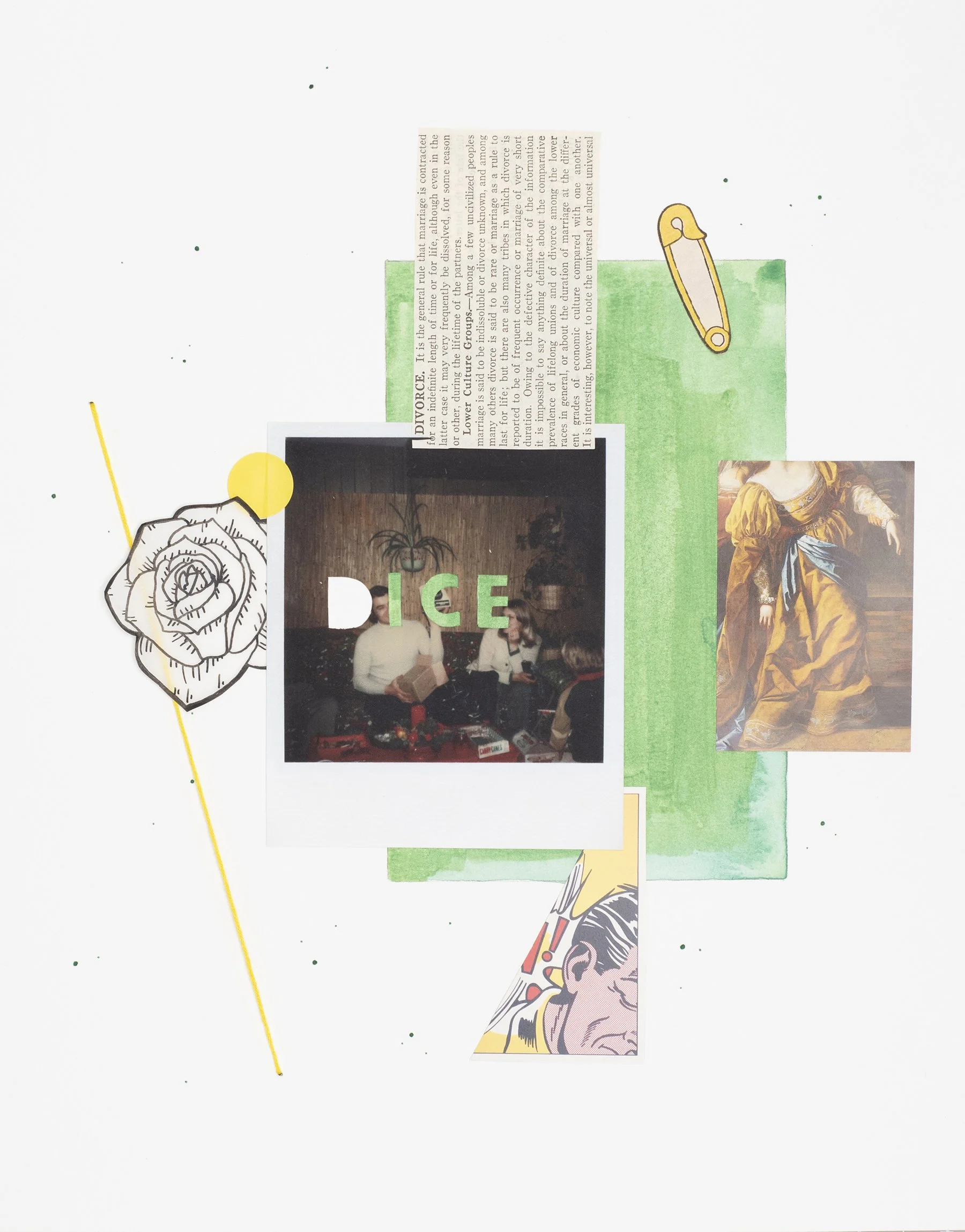 "Dice/Ice, 2020 Acrylic, archival inkjet print, auction catalog, embroidery thread, 1947 Encyclopedia Brittanica, ink, marker, sticker, vellum, and vintage coloring book on watercolor paper
14 x 11 inches "