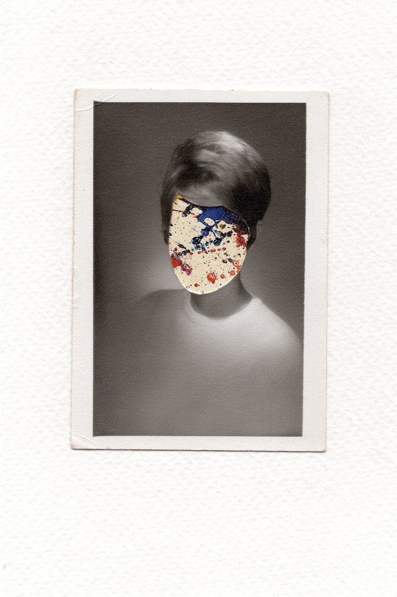 Revision 07, 2026, Auction catalog and vintage photograph on watercolor paper, 6 x 4 inches