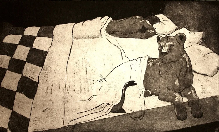 Animal in Bed, 2012. Metal etching on paper.