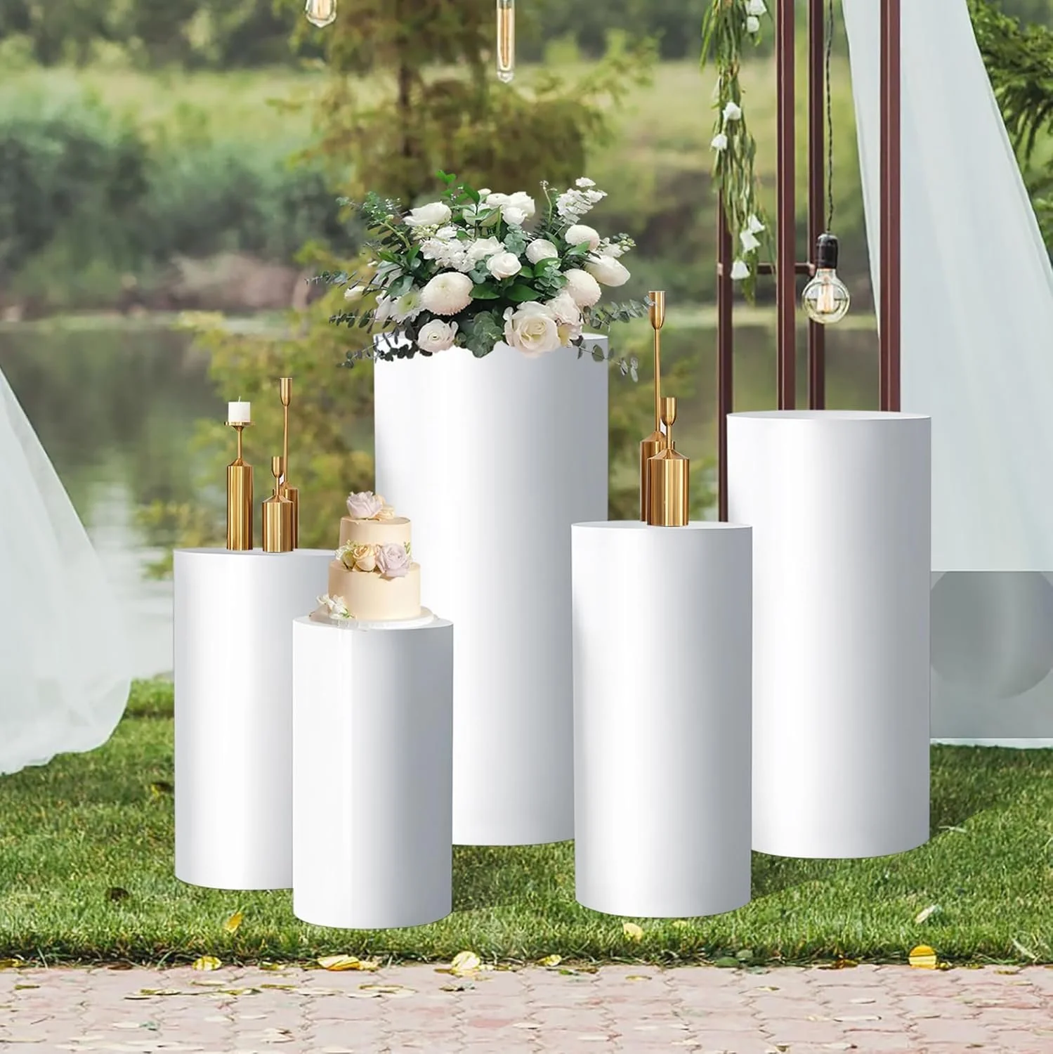 $5/ Per White Cylinder Pedestal (Various Sizes: 5PC (90/75/60/55/50cm):19.69”H x10.63”W & 21.65”H x11.81”W & 23.62”Hx12.99”W & 29.53”Hx14.17”W & 35.43”Hx15.75”W) 