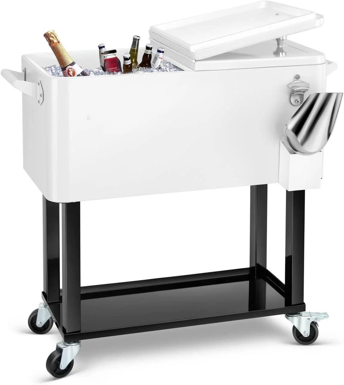  $40/ Per Rolling Ice Cooler Cart with Ice Scoop (White 20 Gallon capacity. Can store up to 100+ cans or 55+ bottles. 15"D x 31"W x 33.5"H Item Weight 42 lbs)