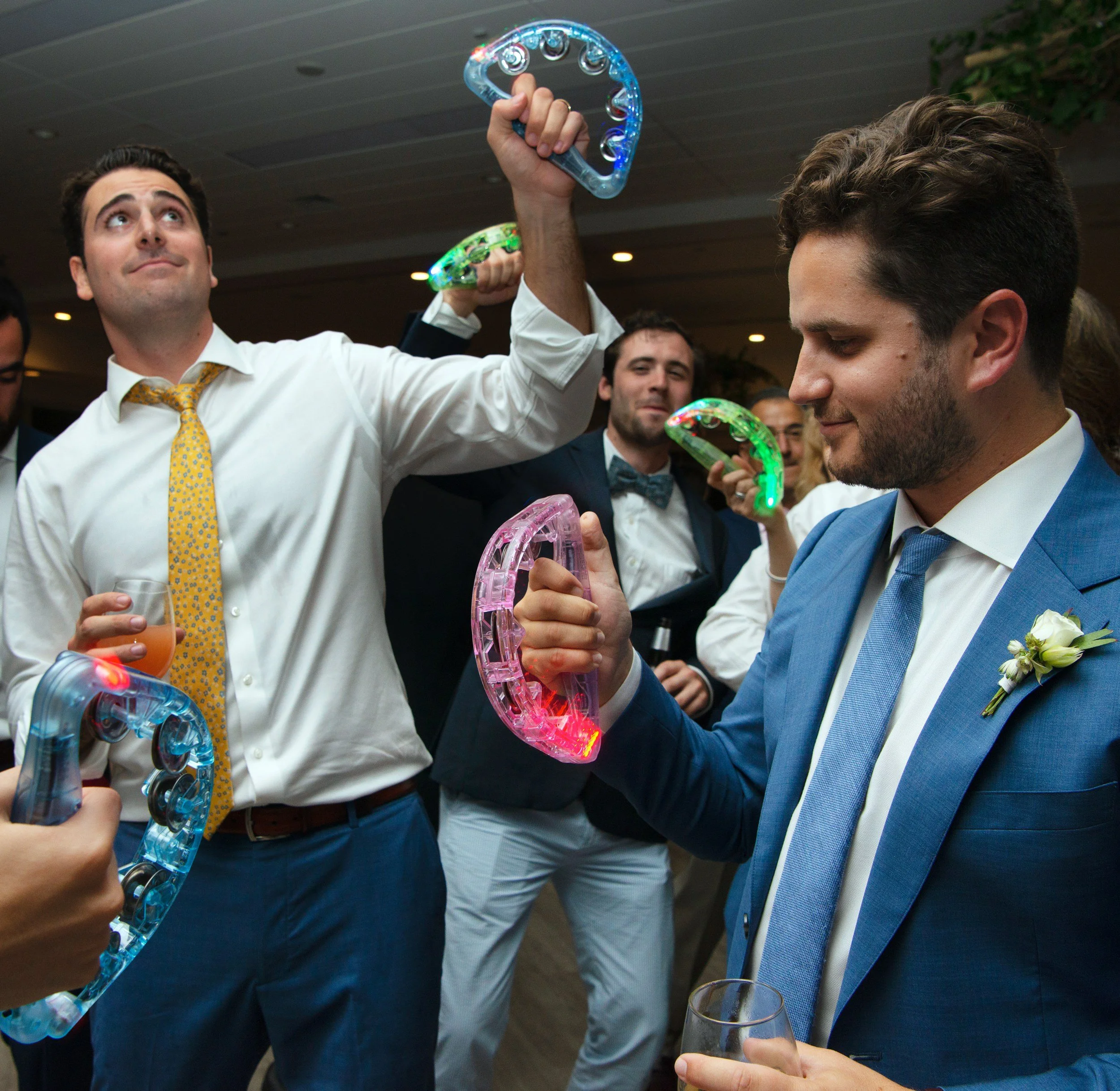 Colorful tambourines at the wedding reception
