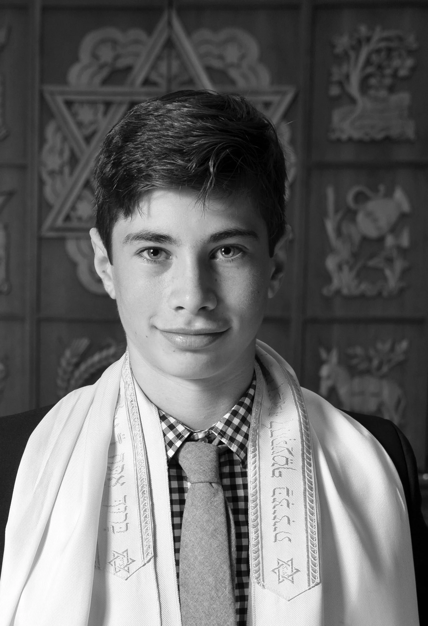 Black-and-white portrait of a Bar Mitzvah boy in Lexington, Massachusetts.