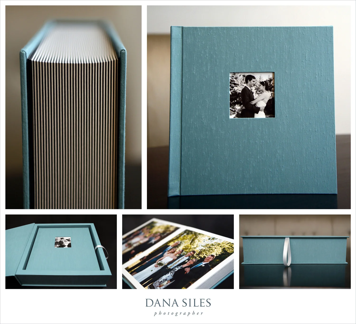 Julie & Silas' Fine Art Wedding Album and box. Size 12x12. Teal book cloth with cover photo.
