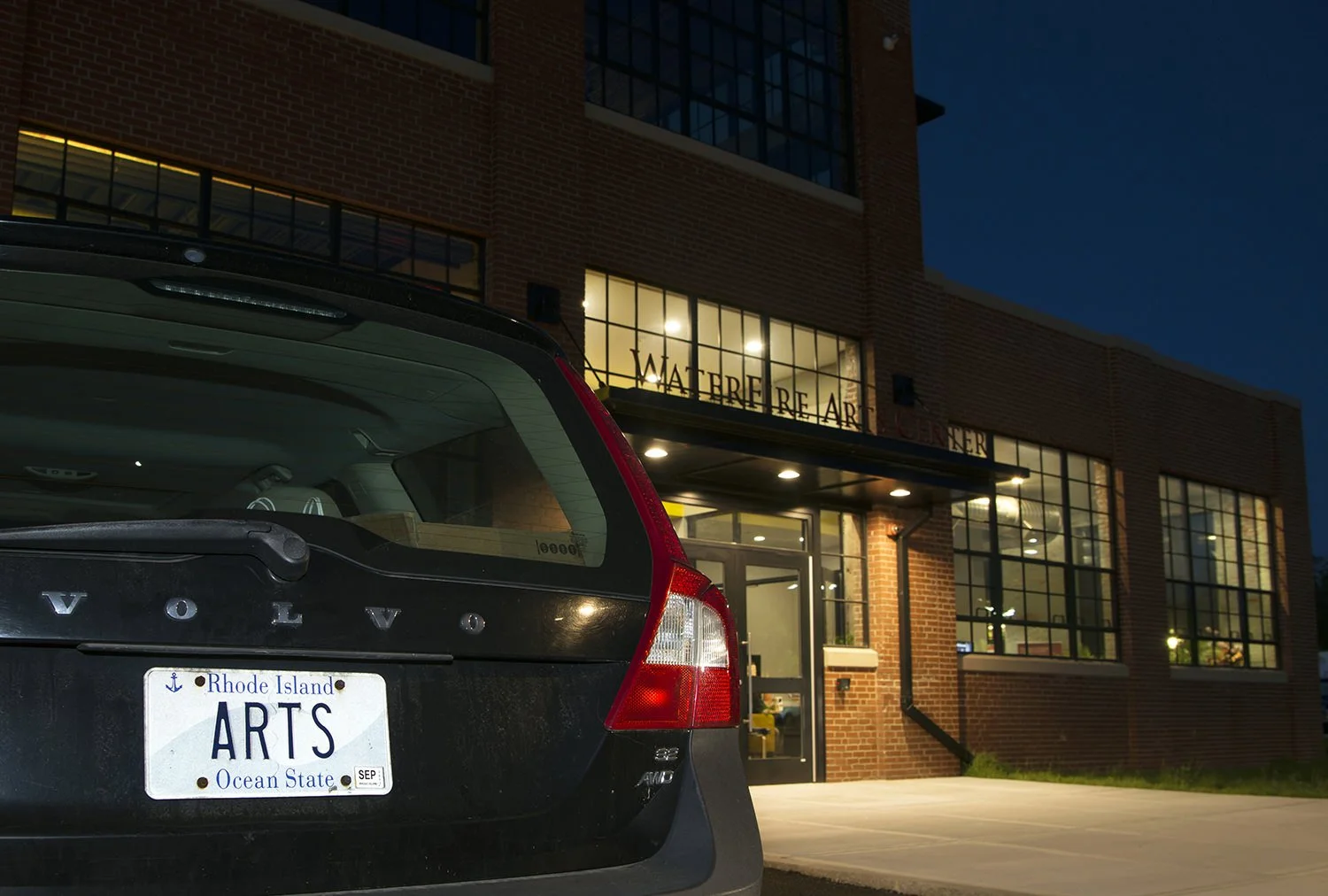 Volvo with ARTS license plate parked outside the Waterfire Arts Center in Providence, Rhode Island