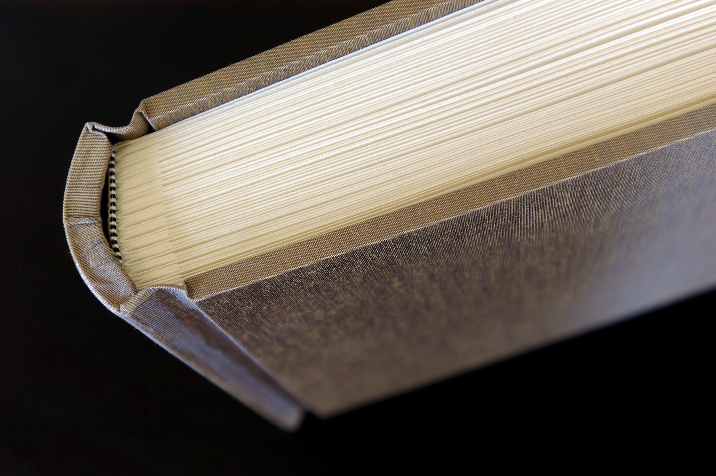 Close up of bronze and blue textured silk book cloth