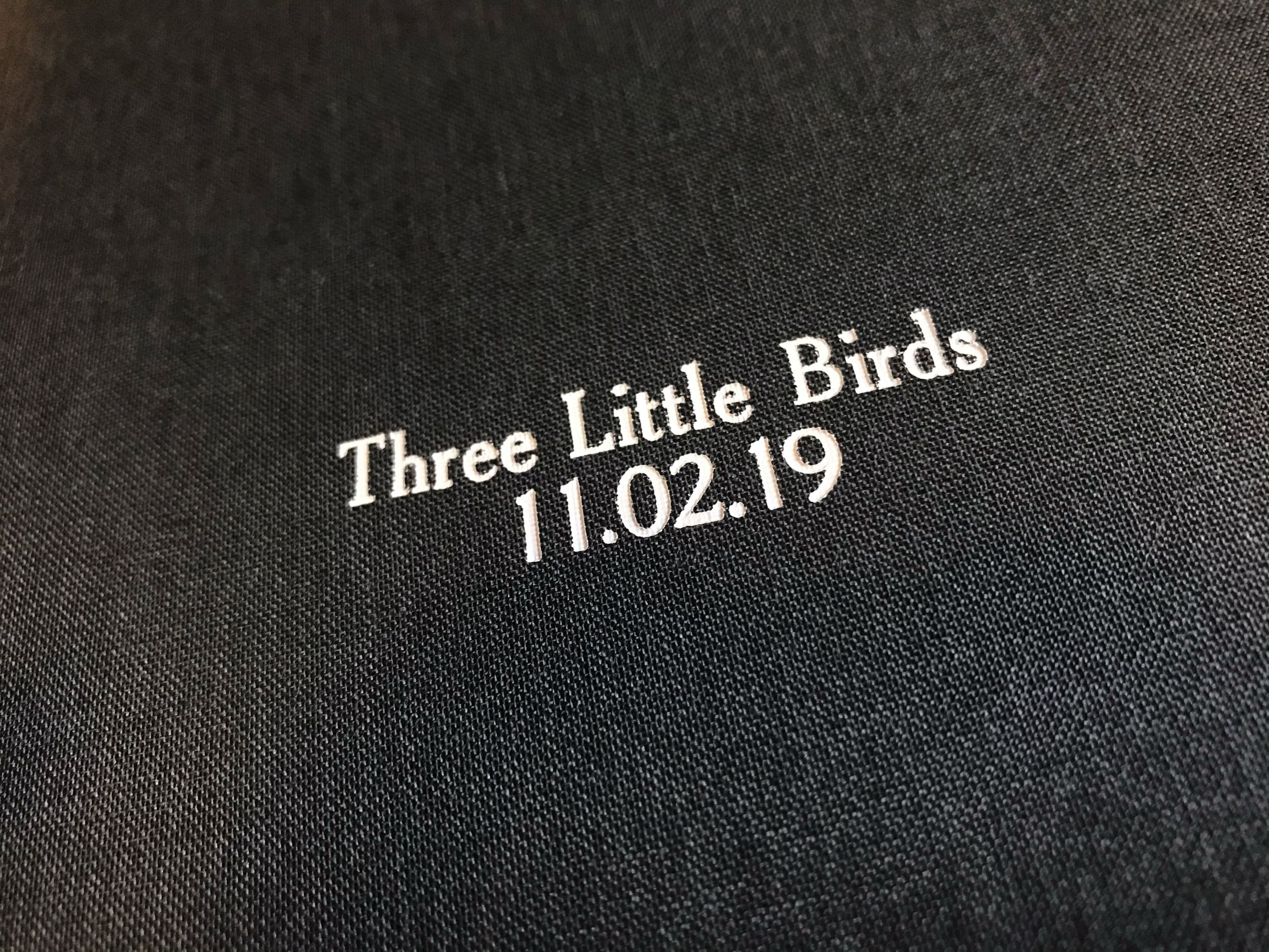 Cover text sample of white foil text on navy linen book cloth.