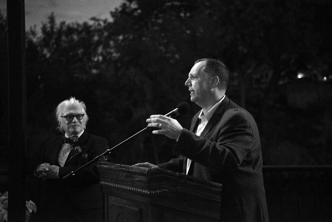 Mayor Donald R. Grebien speaking at Exchange Street bridge dedication for Morris Nathanson