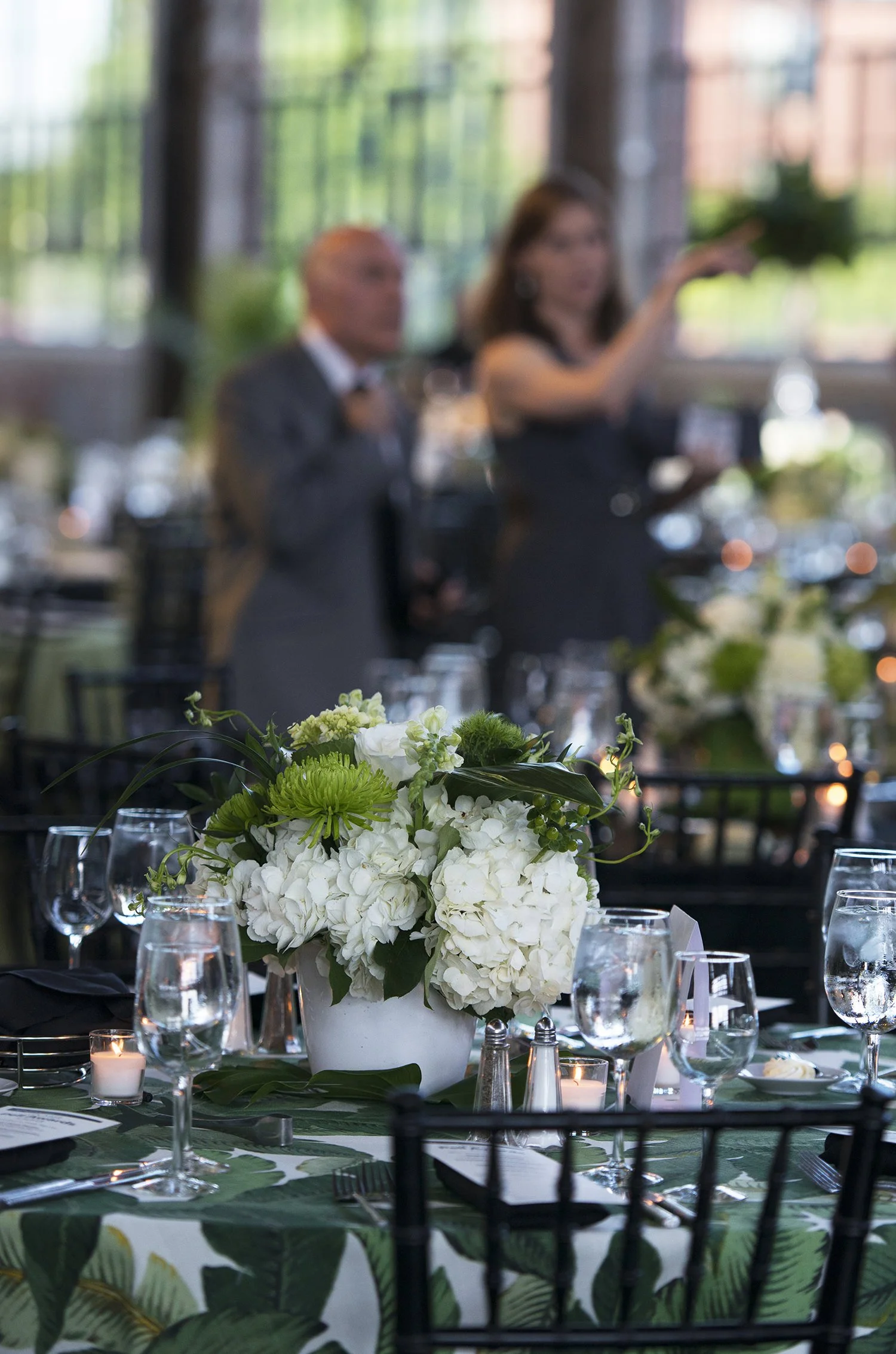 Table centerpieces by Sayles Livingston for Pell Awards Gala at WaterFire Arts Center in Providence, Rhode Island