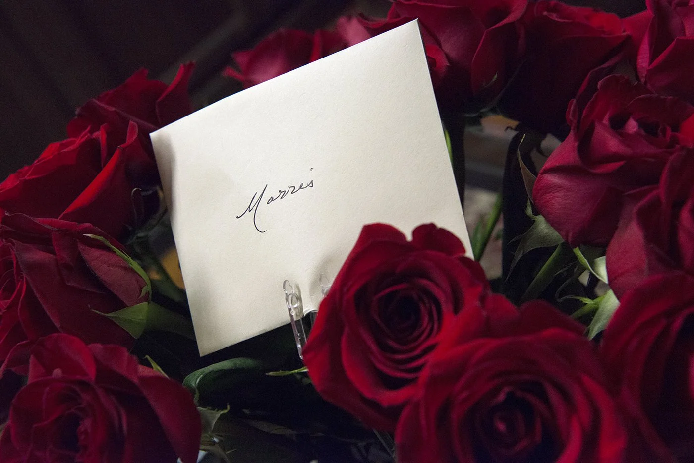 Card for Morris in bouquet of red roses