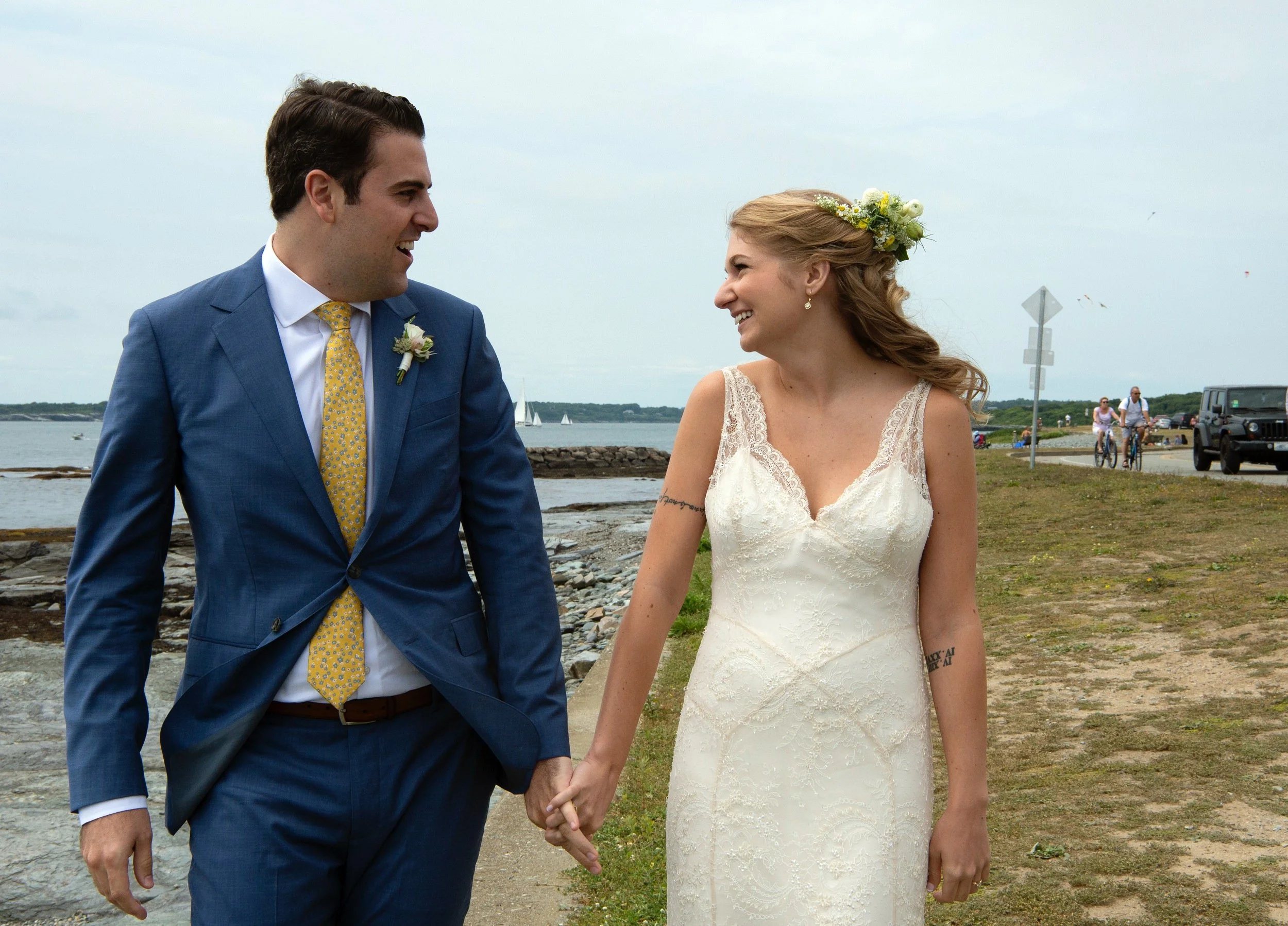 Expressive bride and groom during their first look at Brenton Point State Park in Newport, RI