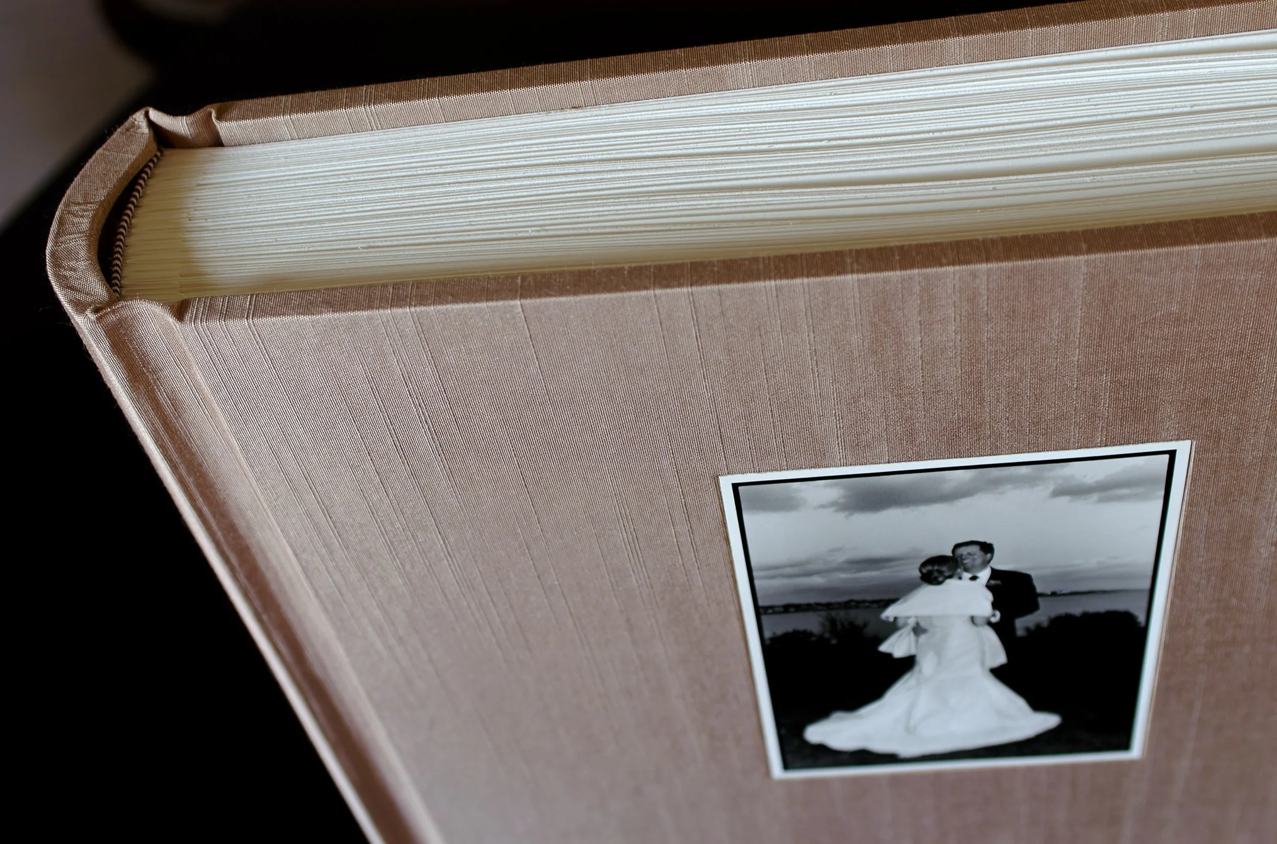 Pale Taupe silk wedding album cover material with black & white photograph inset