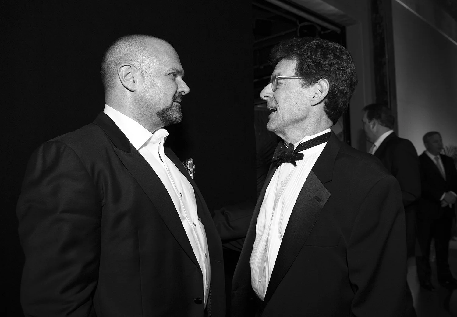 Candid of Curt Columbus of Trinity Rep and guest during conversation at Pell Awards gala, Providence, RI