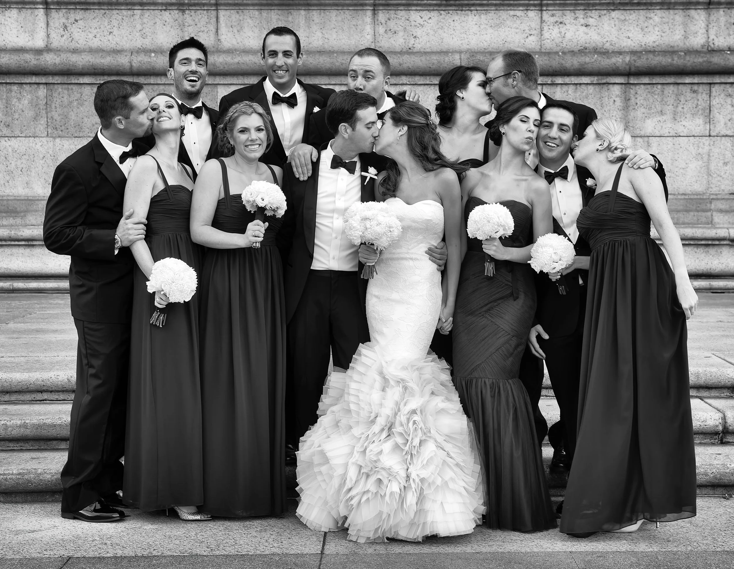 Wedding Party on steps outside Boston Public Library