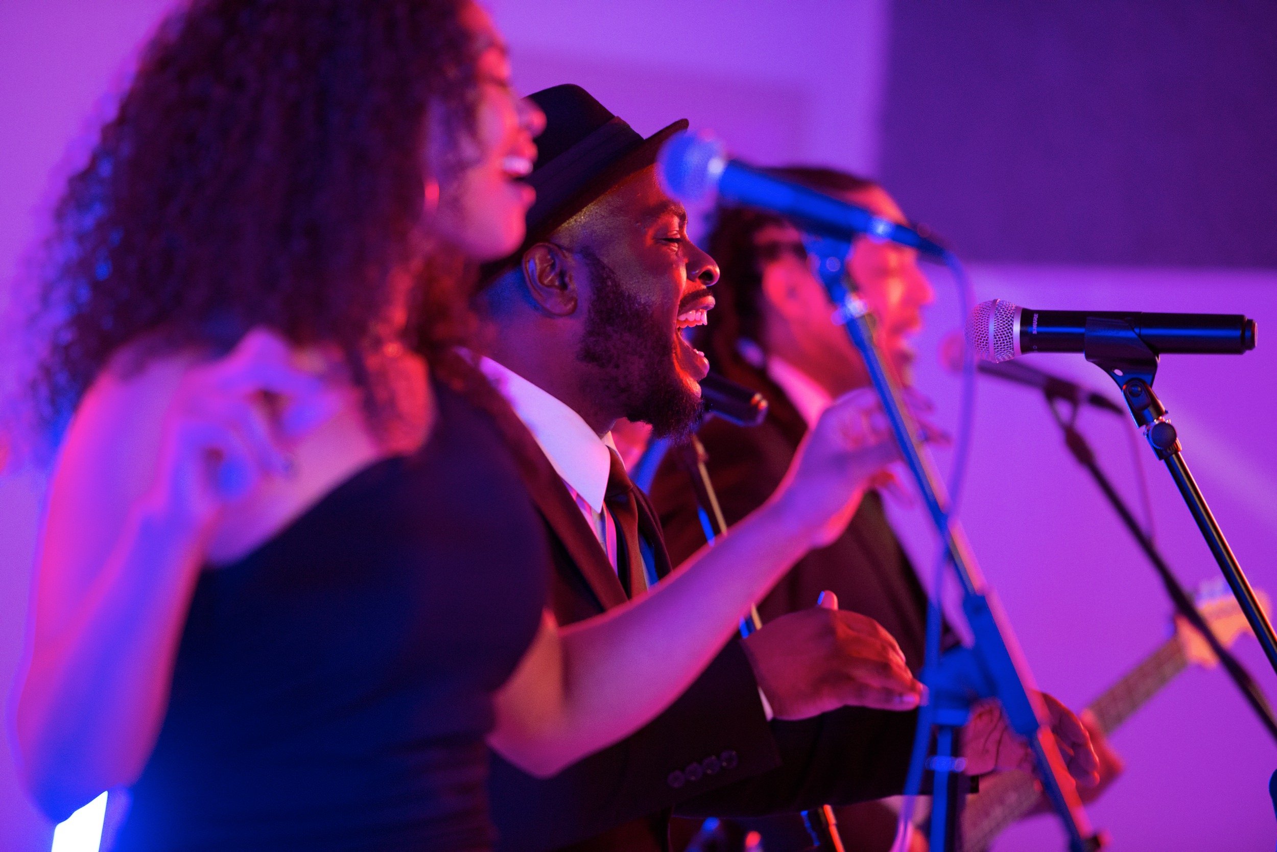 Vibrant color photo of singers lined up during Soul of Boston video production in Boston, MA