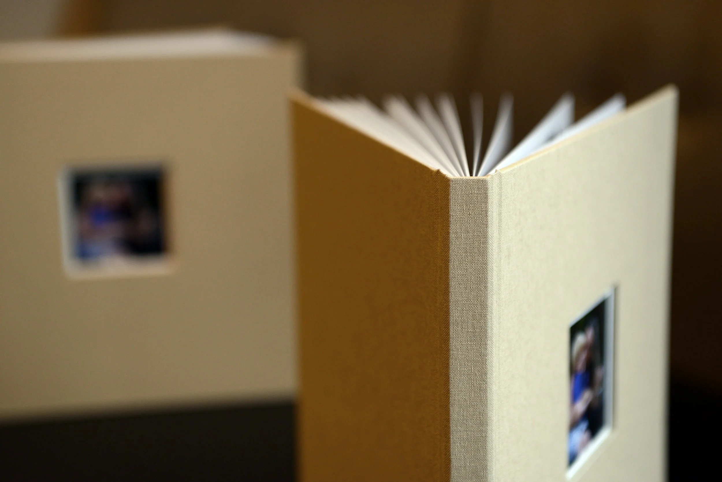 Fine Art family session album with sand color linen book cloth.