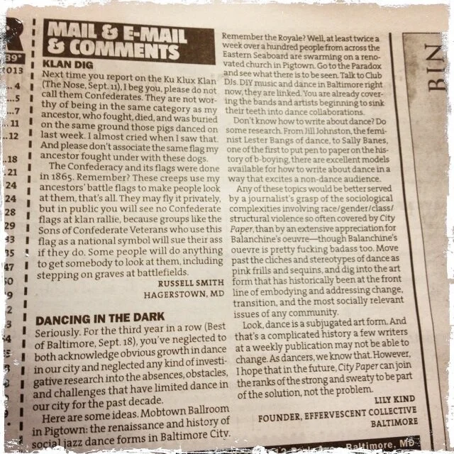 Letter to the Editor, Best of Baltimore City Paper. Aka ranting about dance. 