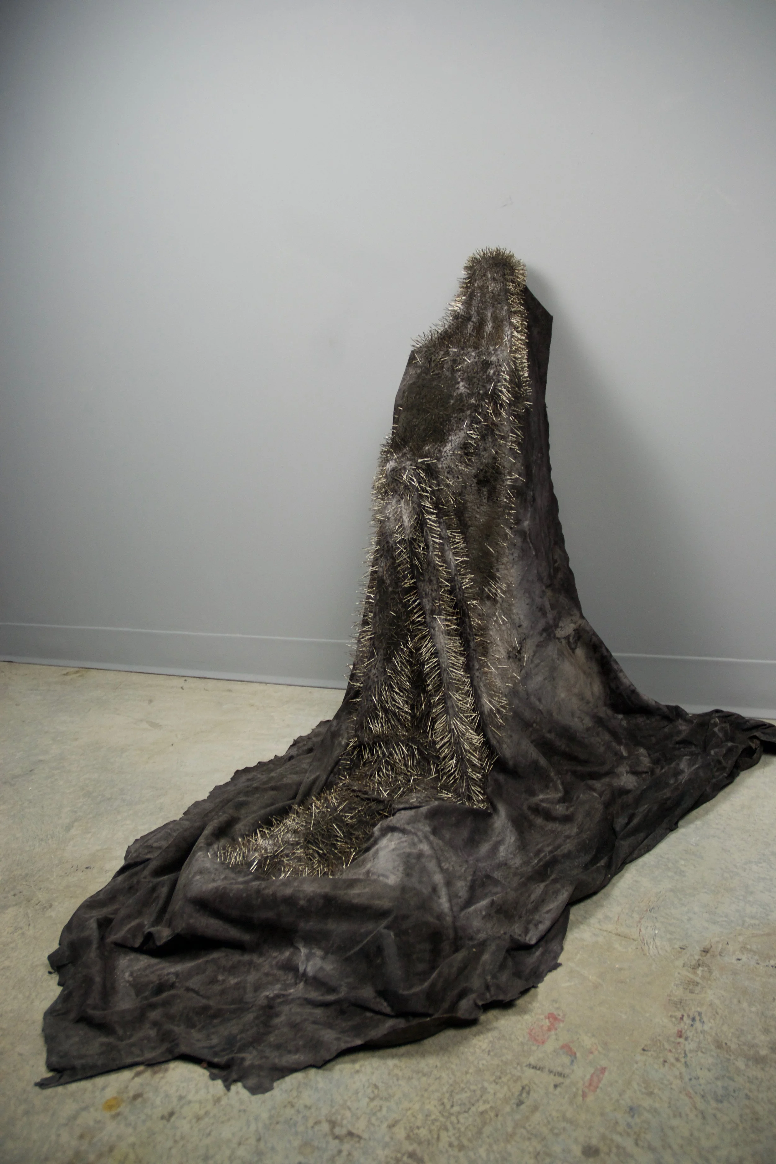 Catatonia 2018 Straight pins, fabric, ink, motor, wood 36'“x 36” x 40”