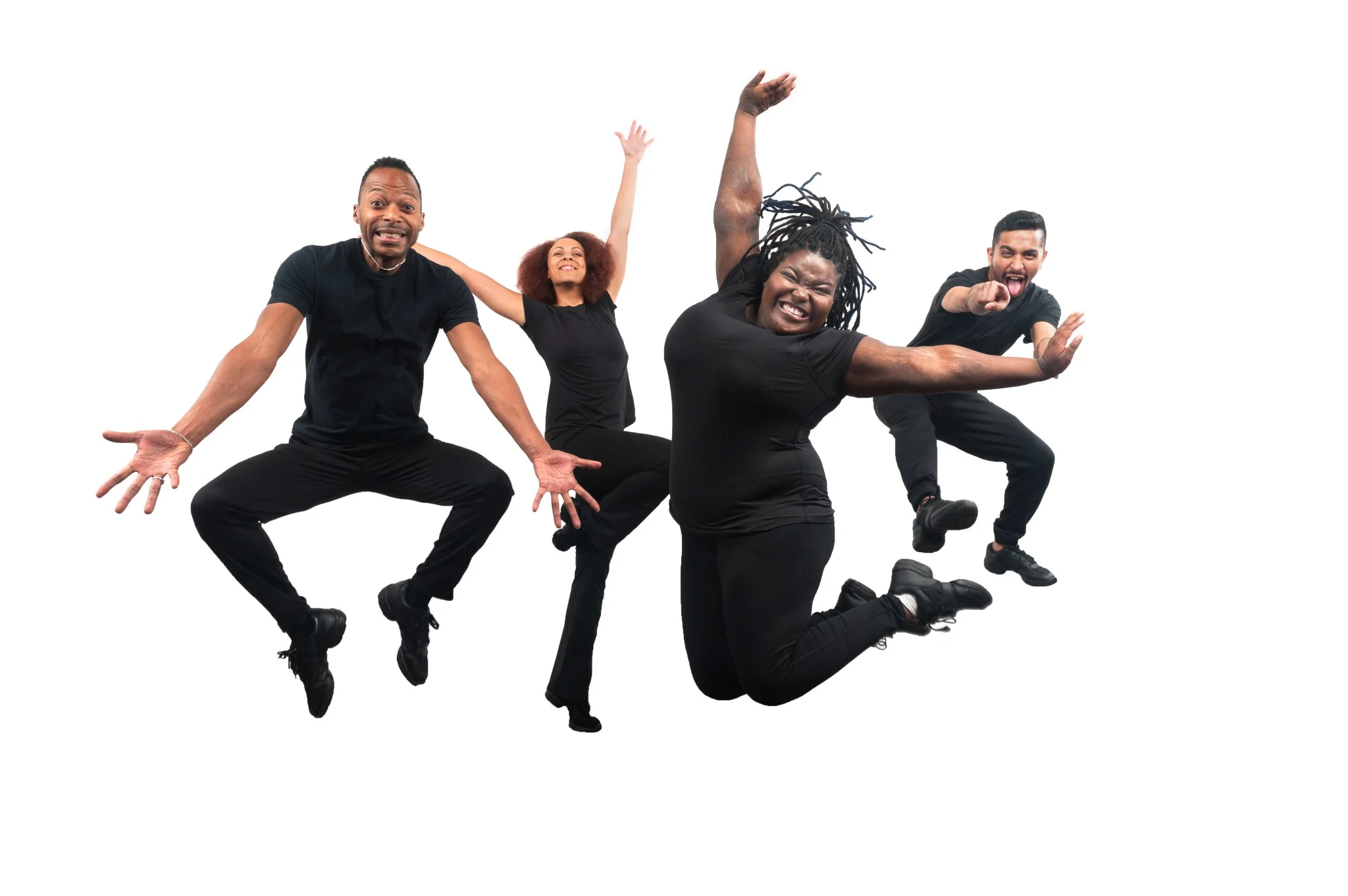 Group of five diverse people jumping and posing in black clothing against a white background.