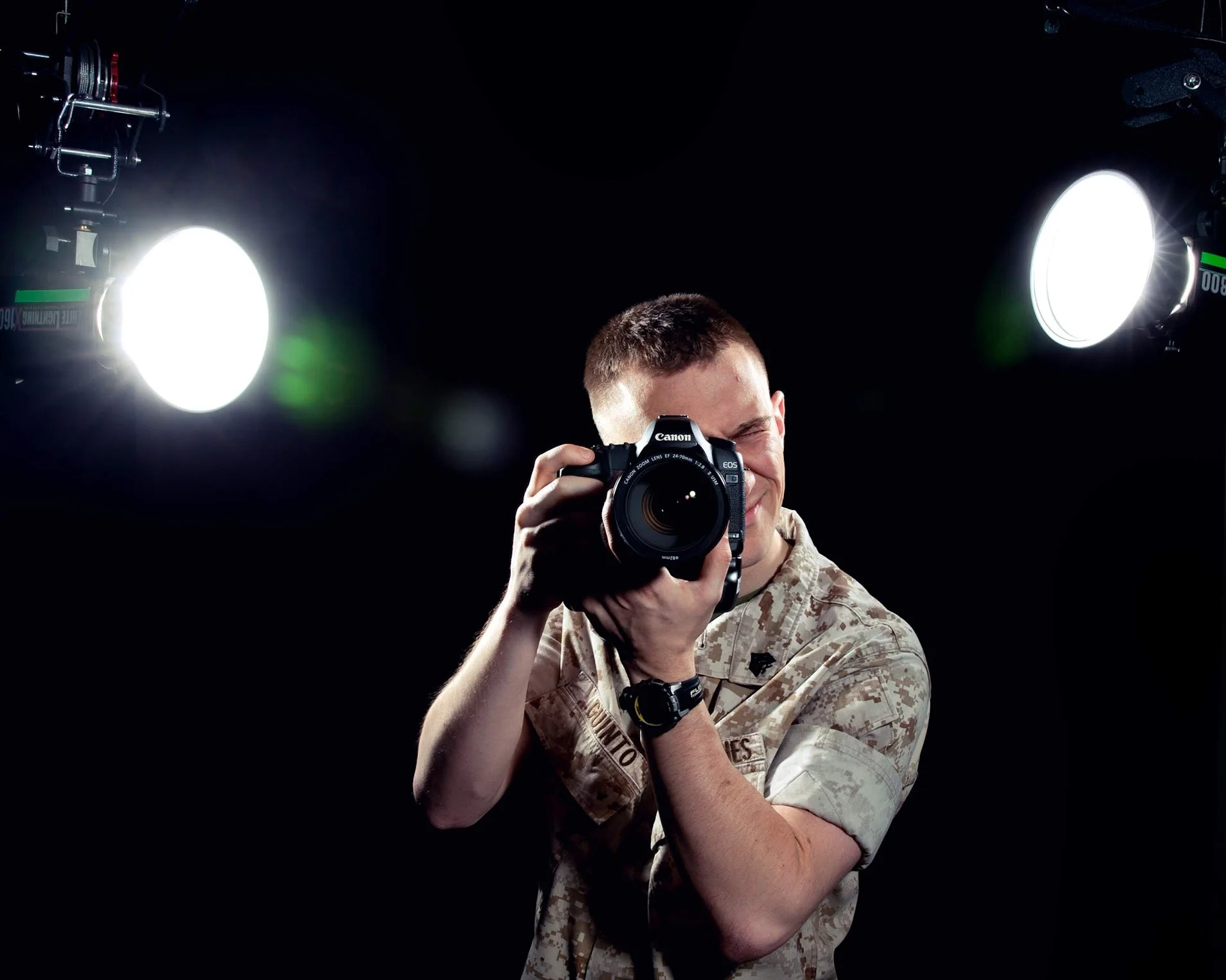 A person in military camouflage clothing taking a photograph with a Canon camera in a photography studio, with two bright studio lights directed at the subject.