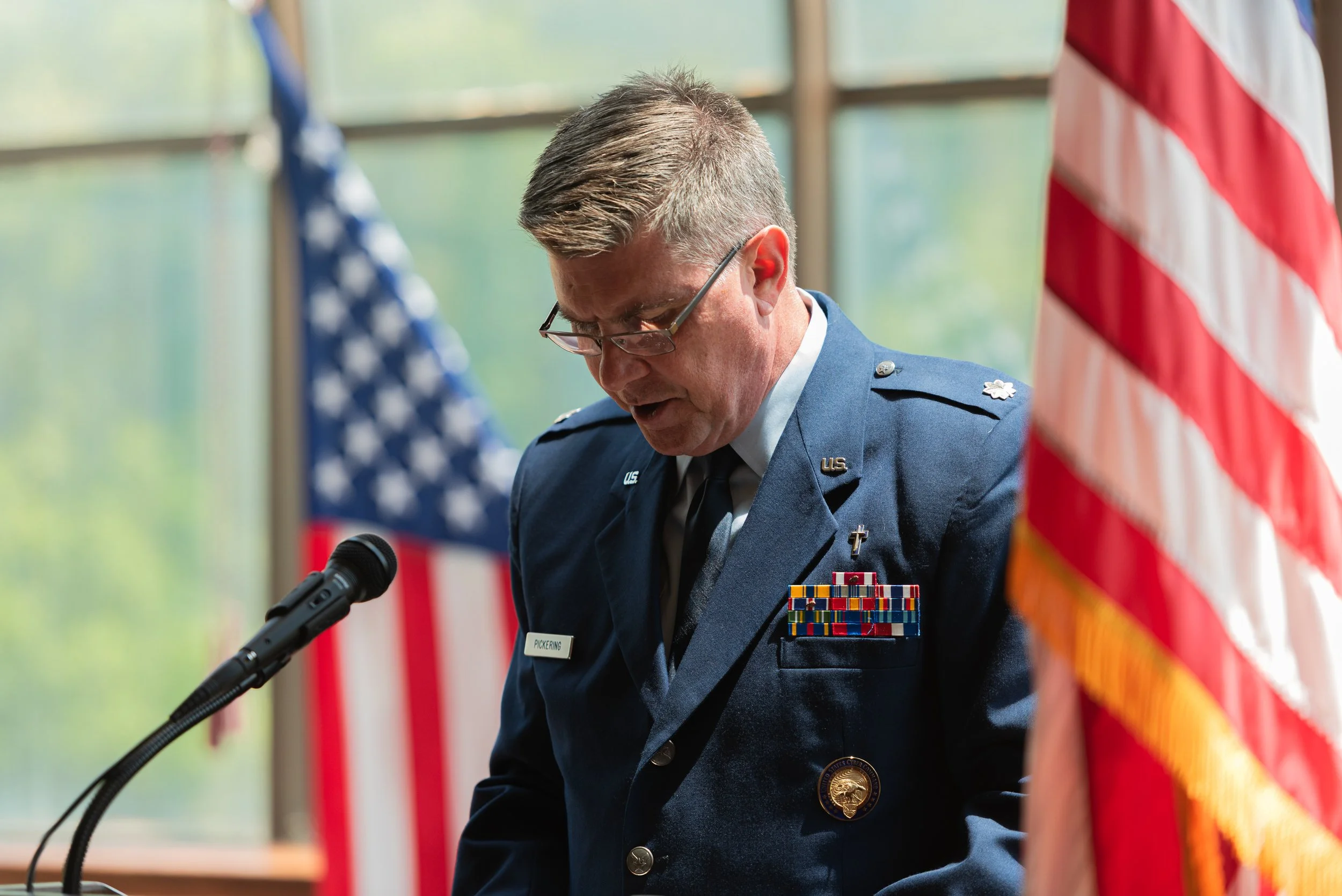 U.S. Air Force Chaplain giving remarks at a U.S  Marine Corps military retirement Ceremony