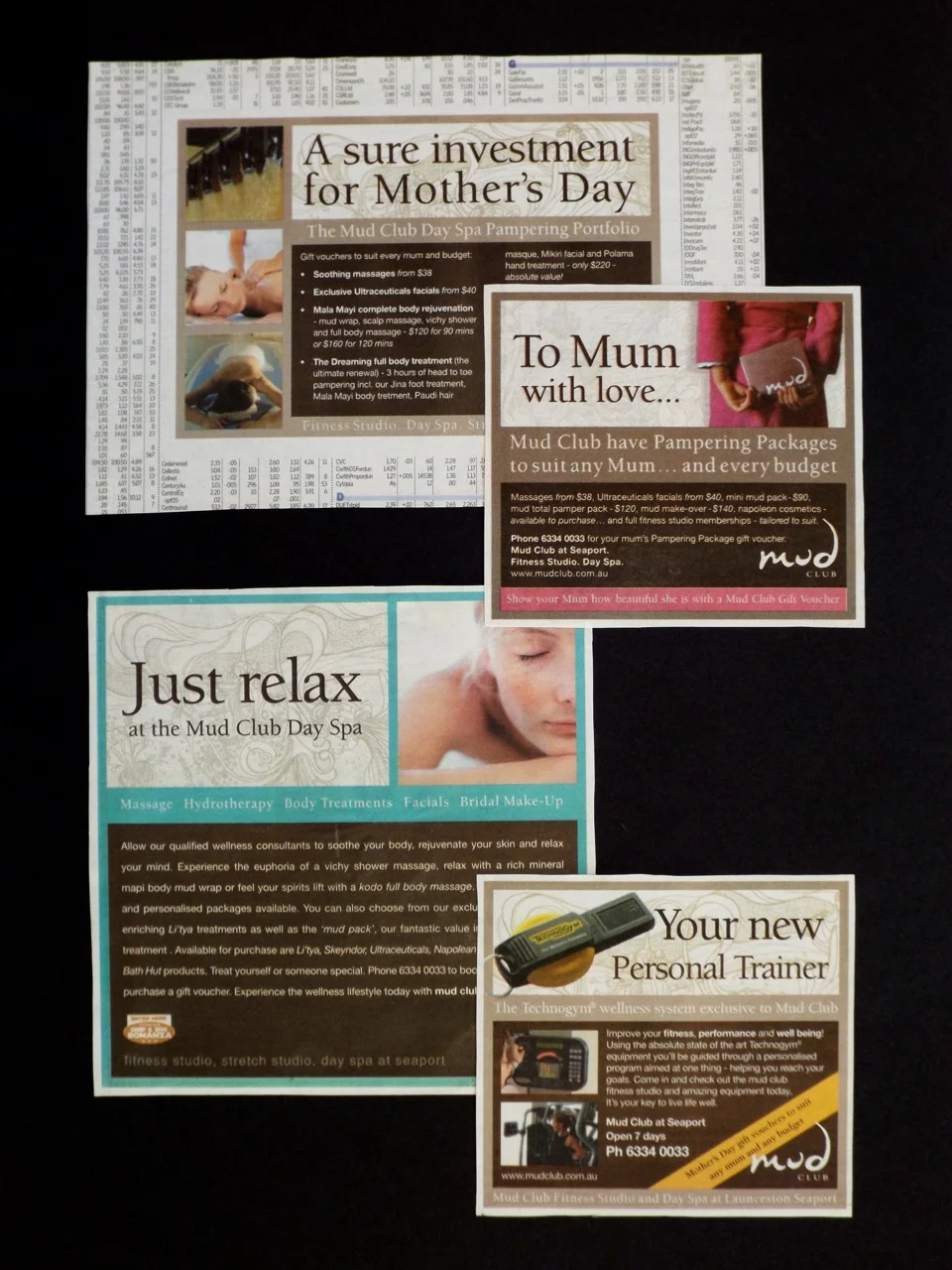 MUD CLUB: Photography, design, Newspaper advertising, service menu and website design and creation for this exclusive riverside gym and day spa.