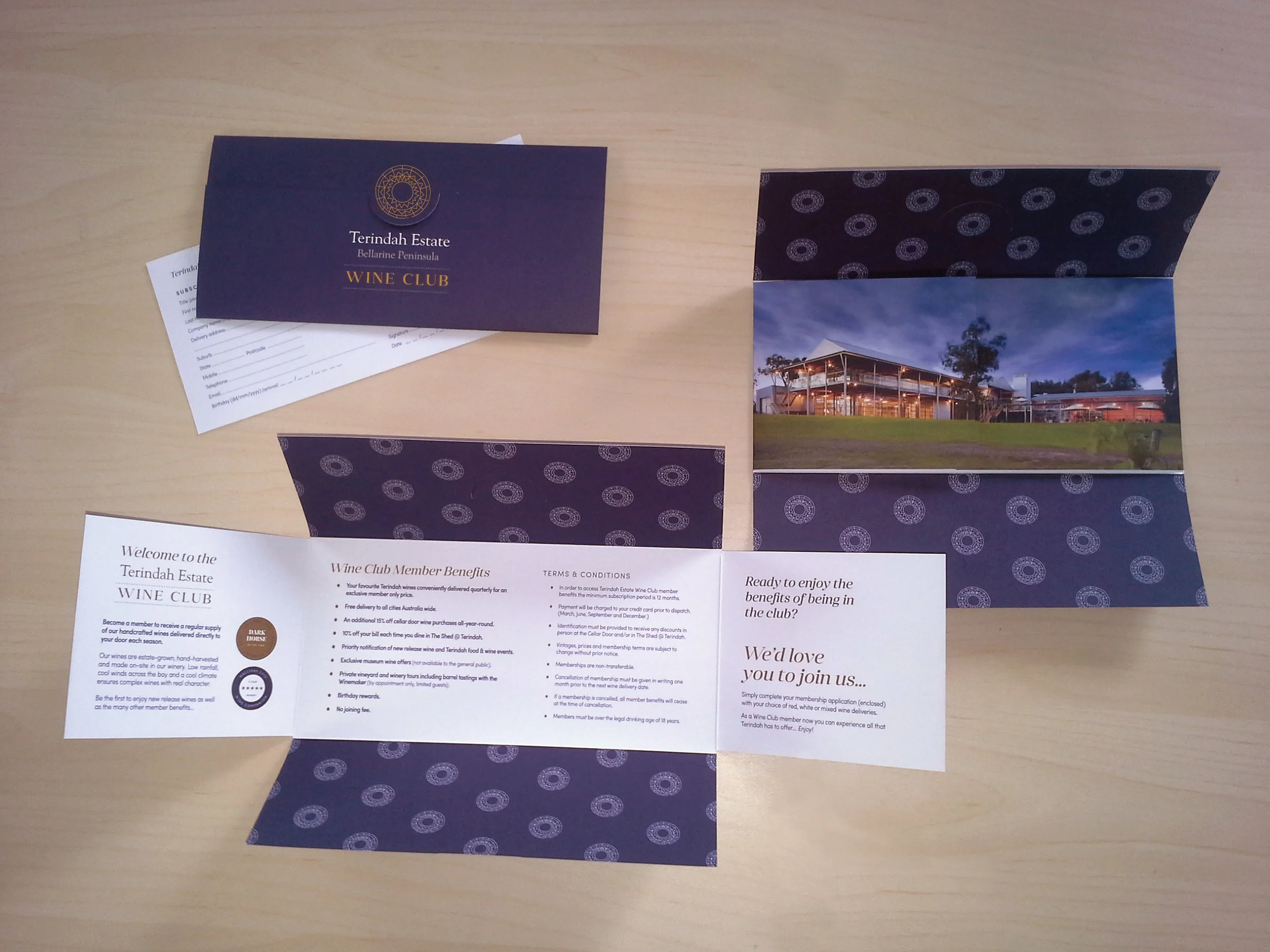 TERINDAH ESTATE WINERY: Wine Club Branding and Membership Invitation Pocket design.