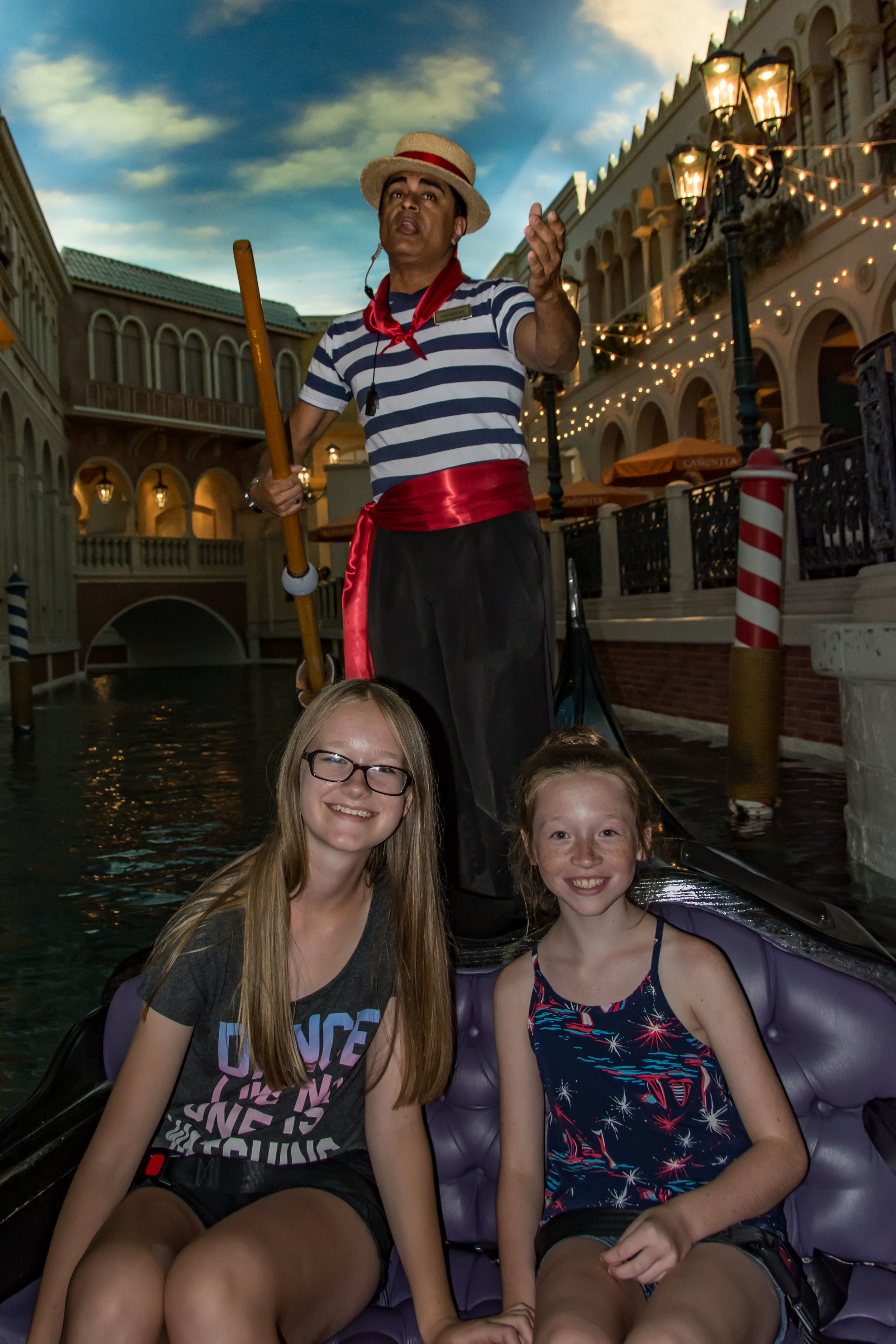 The girls being serenaded by Salvatore in our gondola ride, The Venetian, Las Vegas.