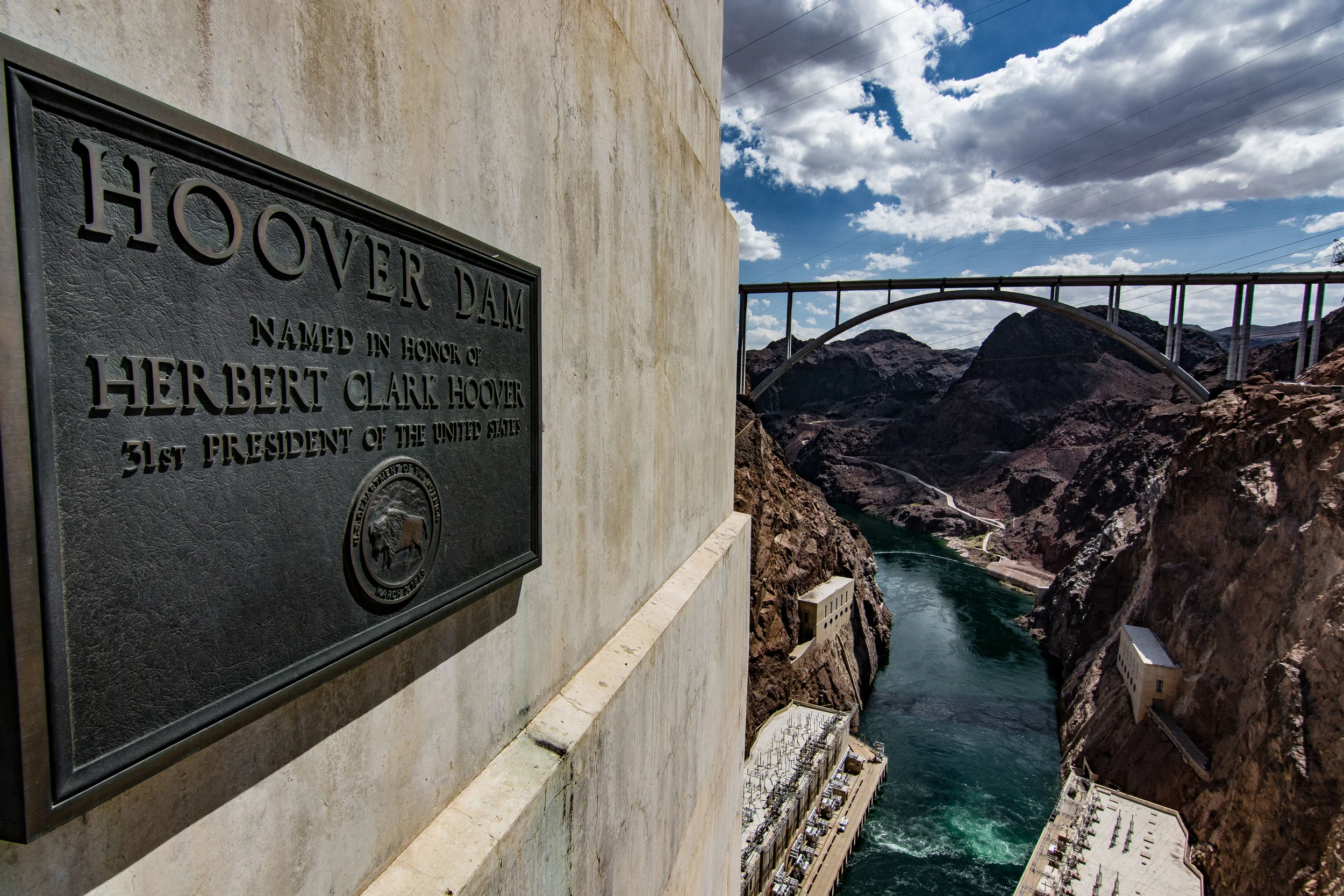 View of the spillway below and the new Mike O'Callaghan–Pat Tillman Memorial Hoover bypass bridge.