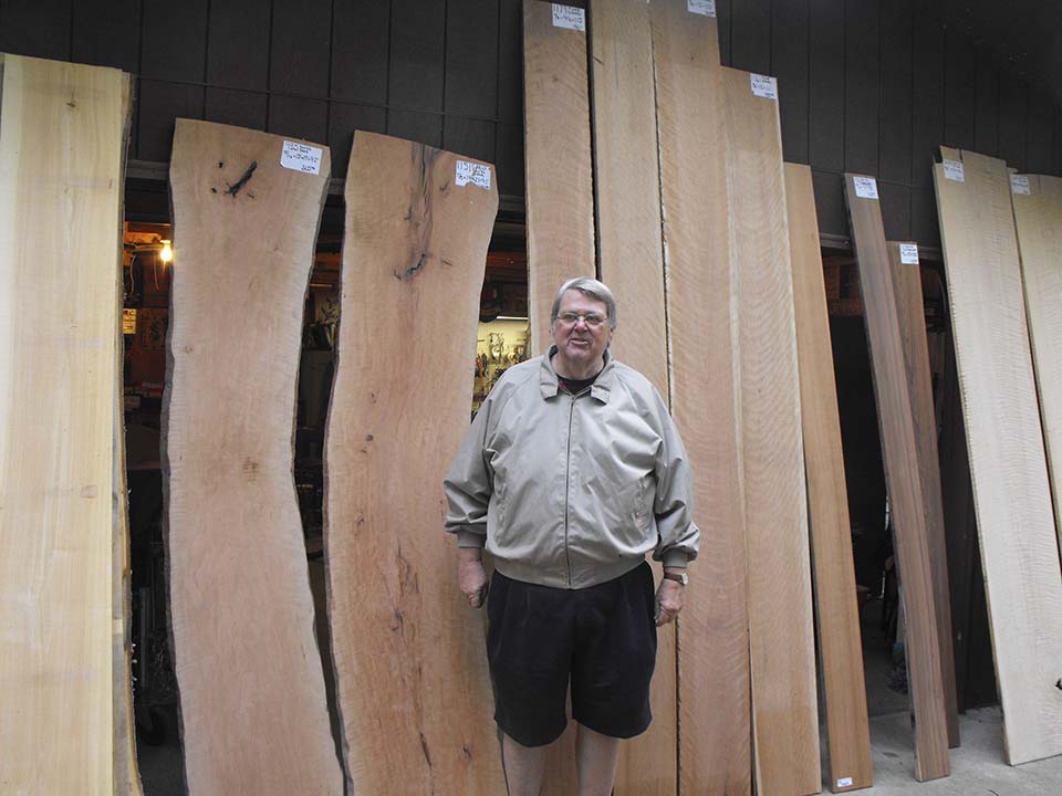 My Uncle, Jim Johnson models a a nice load of material from Rare Earth Hardwoods. Swiss Pear, Figured Cherry, Rosewood and Oak.