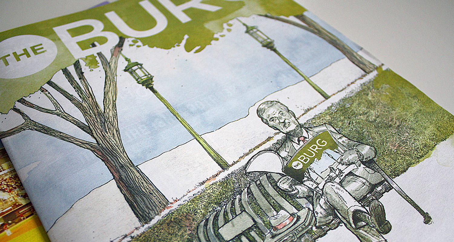 This is an actual statue located on River Front Park in Harrisburg. In real life, he is reading a competitors paper (but we replaced it with TheBurg). It is one of my favorite covers because of the Droste effect. Illustration by Ammon Perry.