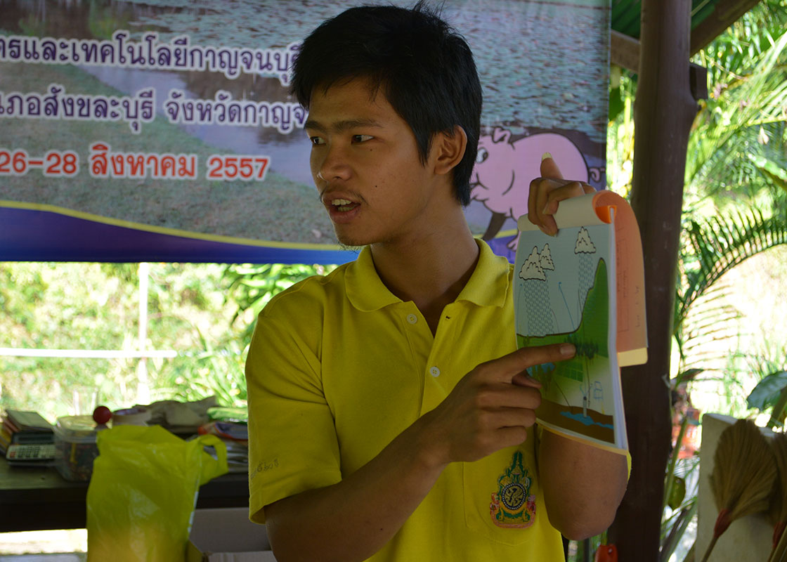 A participant presenting his water-cycle drawing, in Karen.