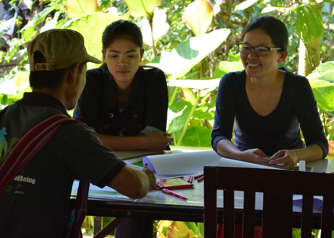 Participants discussing their water cycles in Burmese at this table.