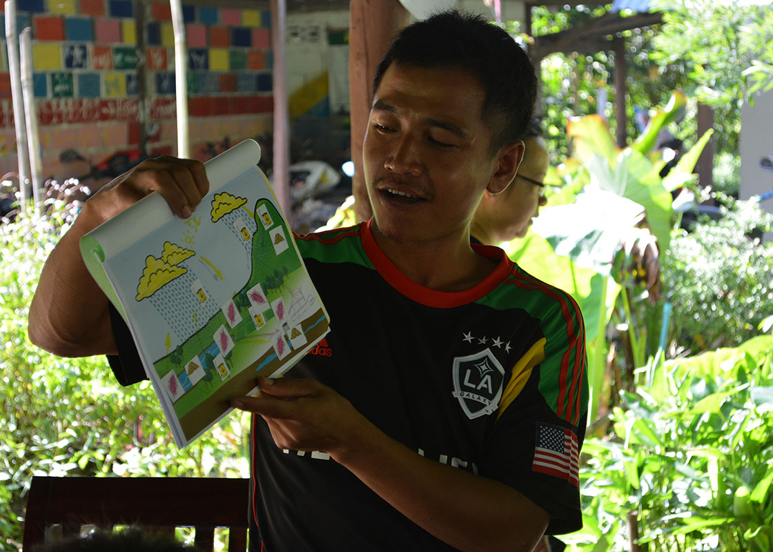 Taweeke presenting his finished water-cycle drawing.