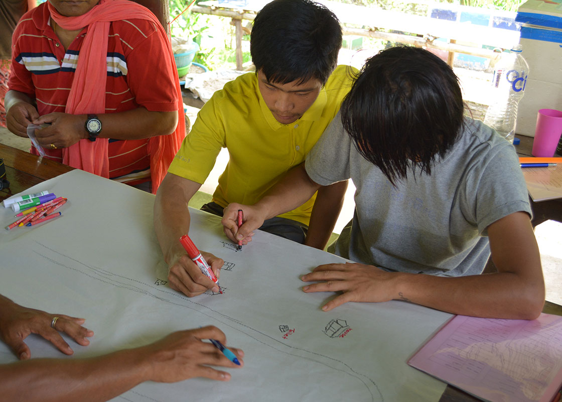 Participants drawing the locations of the houses in the community map.