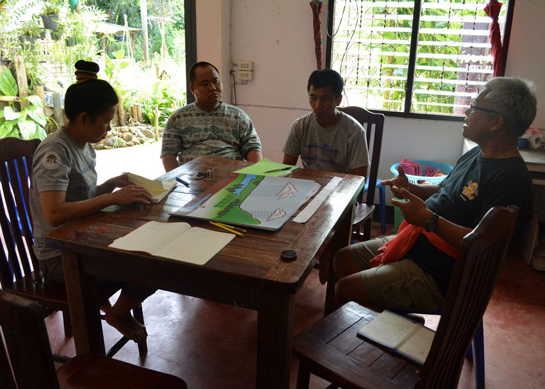 In Sangkhlaburi, the team discussing the use of the new educational materials. Mobile posters on the table.