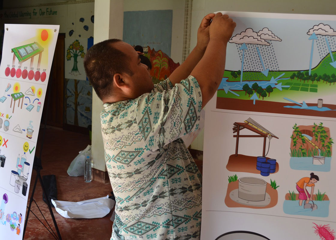 Kittipol setting up a poster.