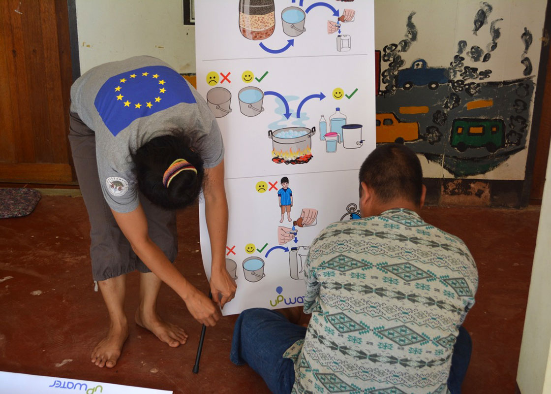 Piyawan and Kittipol setting up posters.