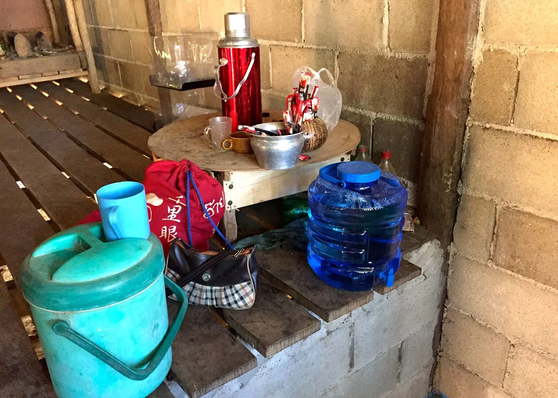 The container of disinfected water was kept in the area of coffee and tea in this Moraka household.