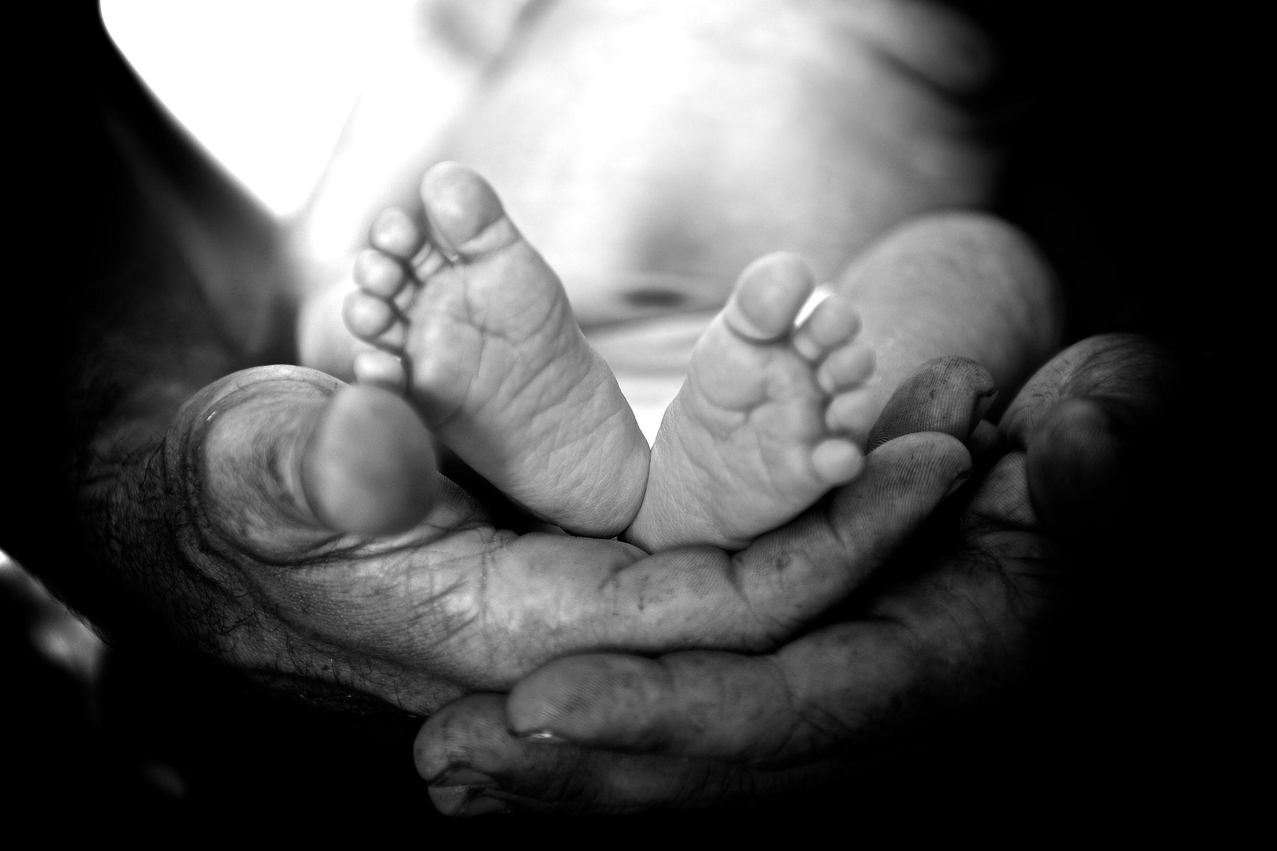 This images shows the dramatic difference between a fathers hands and a new borns feet, during a new born session, Image taken by Warnock Imagery