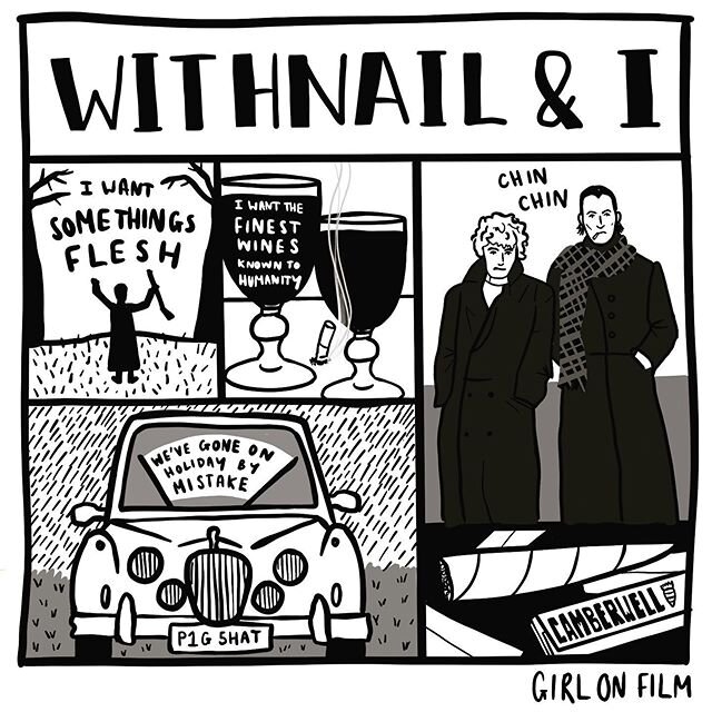 I feel like I got a smokers cough just from watching this film. Or maybe it&rsquo;s corona who knows .
.
.
 #helovesaciggy #withnailandi #blackandwhite #illustration #illustrator #richardegrant #paulmcgann #movie #girlonfilm #hollywood #blackandwhite