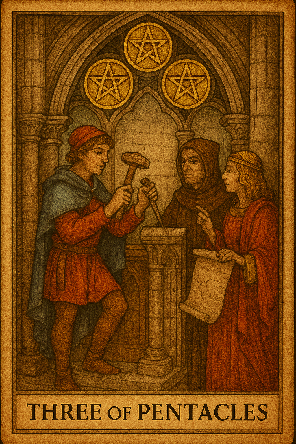 Three of Pentacles tarot card showing teamwork, skilled effort, and collaborative growth.