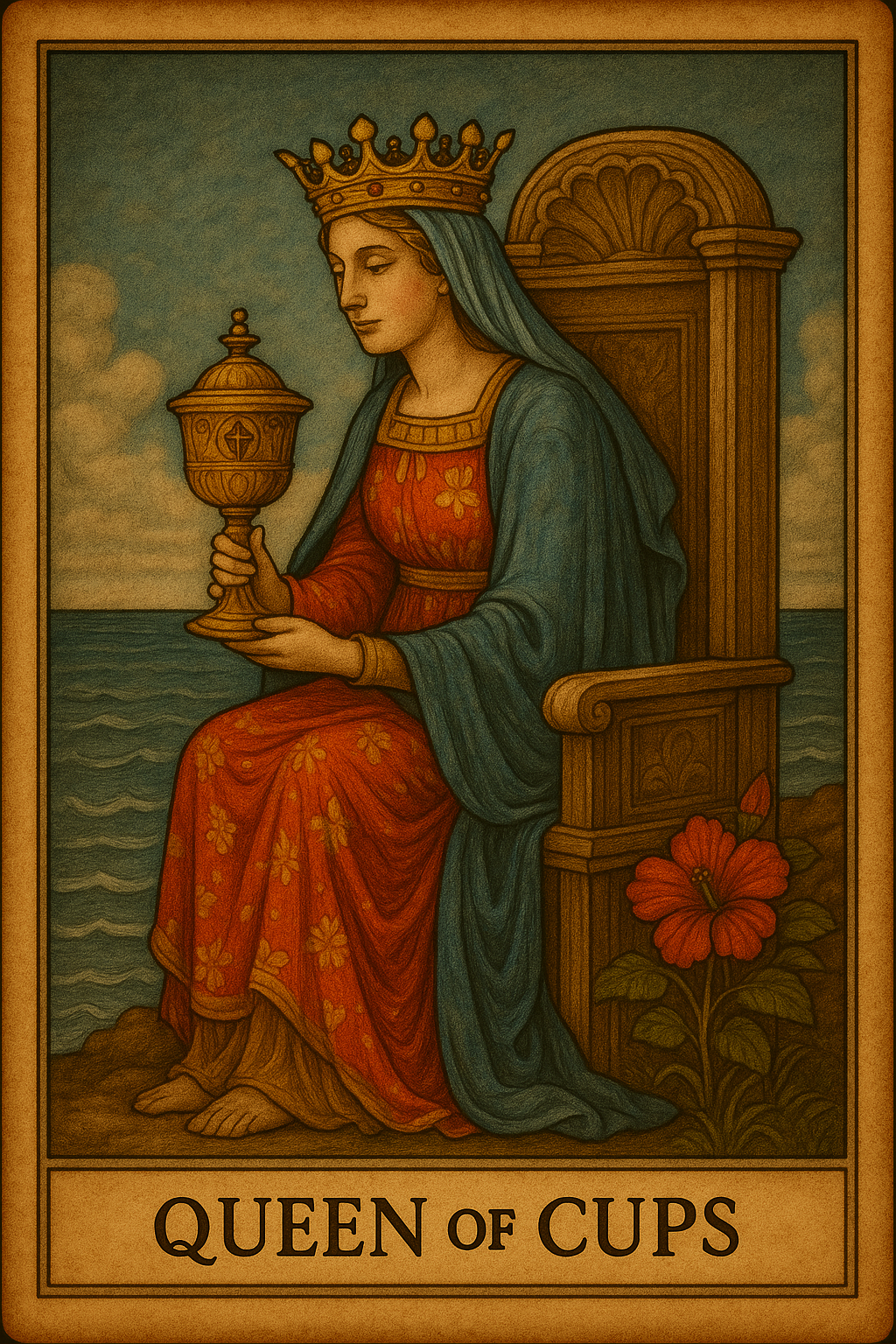 Queen of Cups tarot card representing emotional maturity, intuition, and compassionate care.